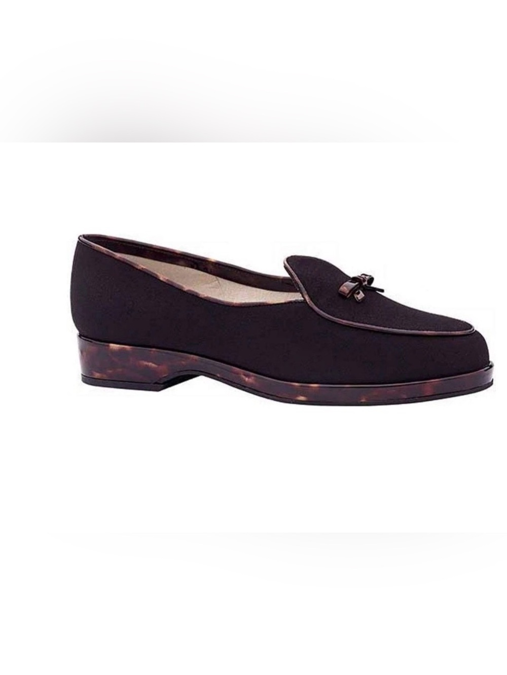 Stuart Weitzman Black Crepe Loafers Tortoise Shell Heel Bow Slip On Shoes 9M